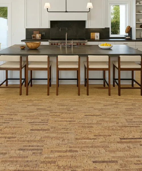 Linea Dark - 7/16" (11mm) - Swiss Real Cork Floating (FLin11) Premium Swiss cork flooring in a modern kitchen, combining durability, thermal comfort, and natural beaut
