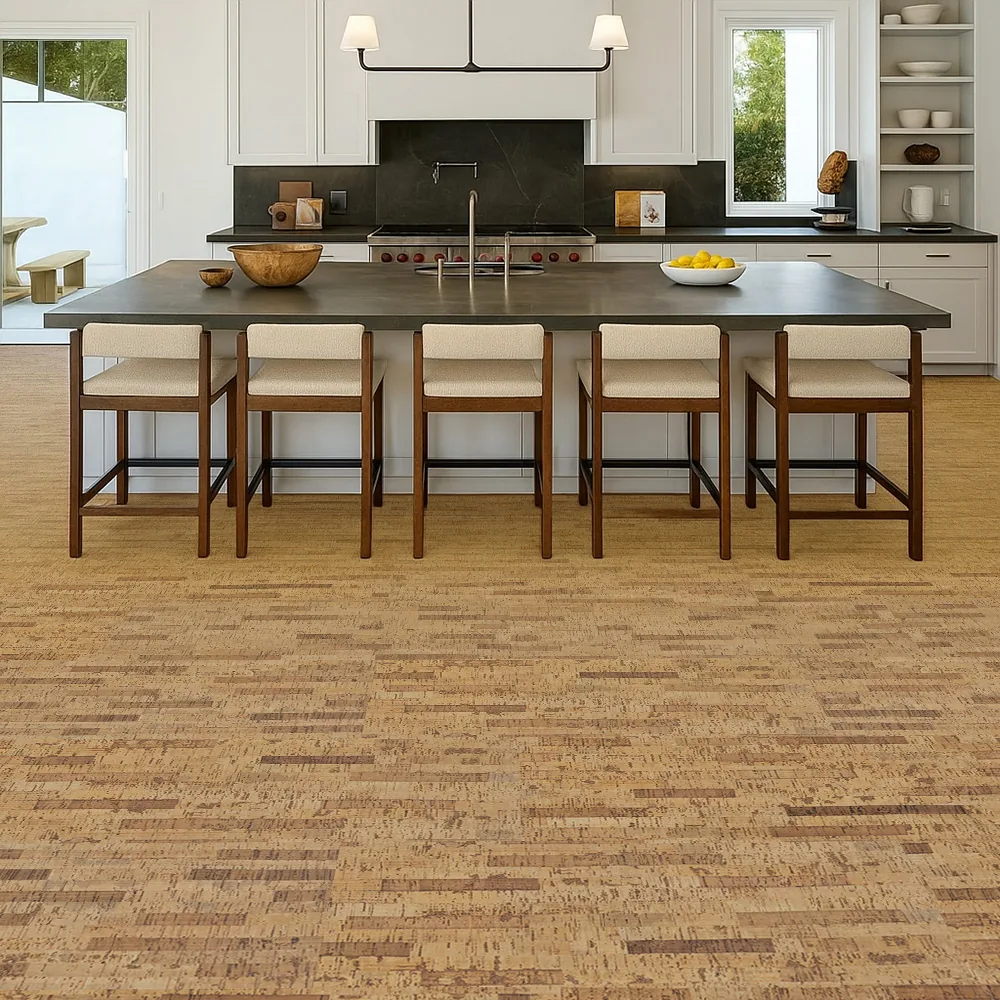Linea Dark - 7/16" (11mm) - Swiss Real Cork Floating (FLin11) Premium Swiss cork flooring in a modern kitchen, combining durability, thermal comfort, and natural beaut