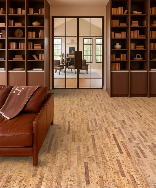 Linea Dark - 7/16" (11mm) - Swiss Real Cork Floating (FLin11) Elegant home office and library showcasing Linea Dark floating cork flooring with exceptional comfort underfoot.