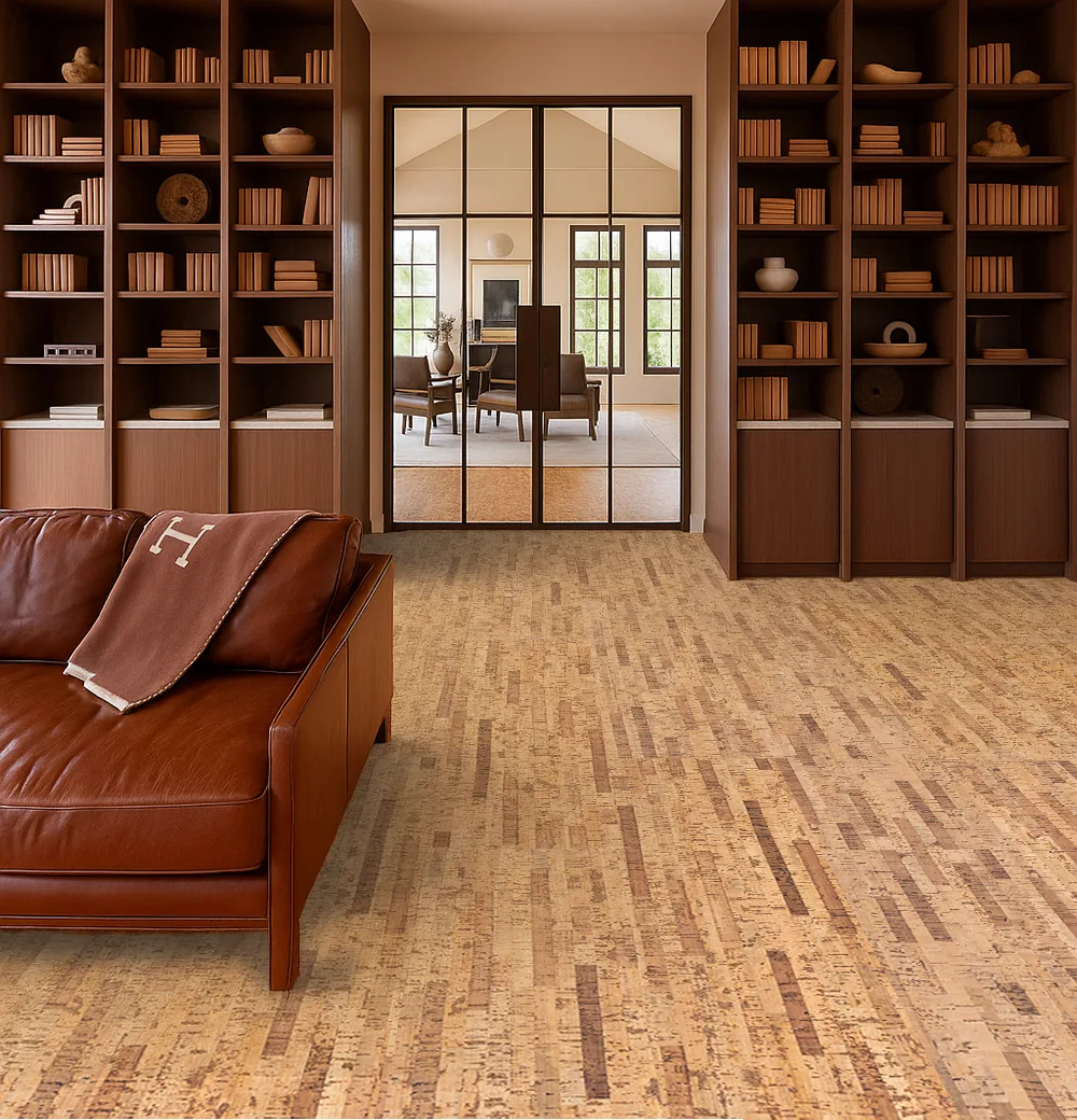 Linea Dark - 7/16" (11mm) - Swiss Real Cork Floating (FLin11) Elegant home office and library showcasing Linea Dark floating cork flooring with exceptional comfort underfoot.