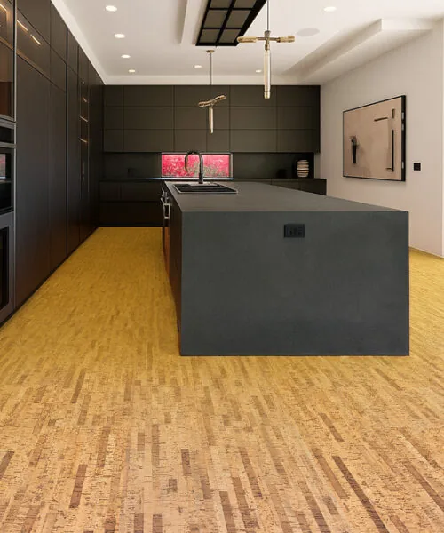 Linea Dark - 7/16" (11mm) - Swiss Real Cork Floating (FLin11) Open-concept kitchen designed with Linea Dark cork flooring, offering sustainable style and everyday durability.