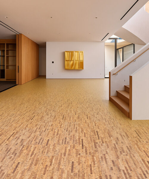 Spacious modern interior featuring Linea Dark Swiss cork flooring with a natural linear pattern and warm organic appearance.