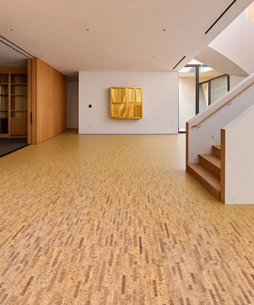 Spacious modern interior featuring Linea Dark Swiss cork flooring with a natural linear pattern and warm organic appearance.