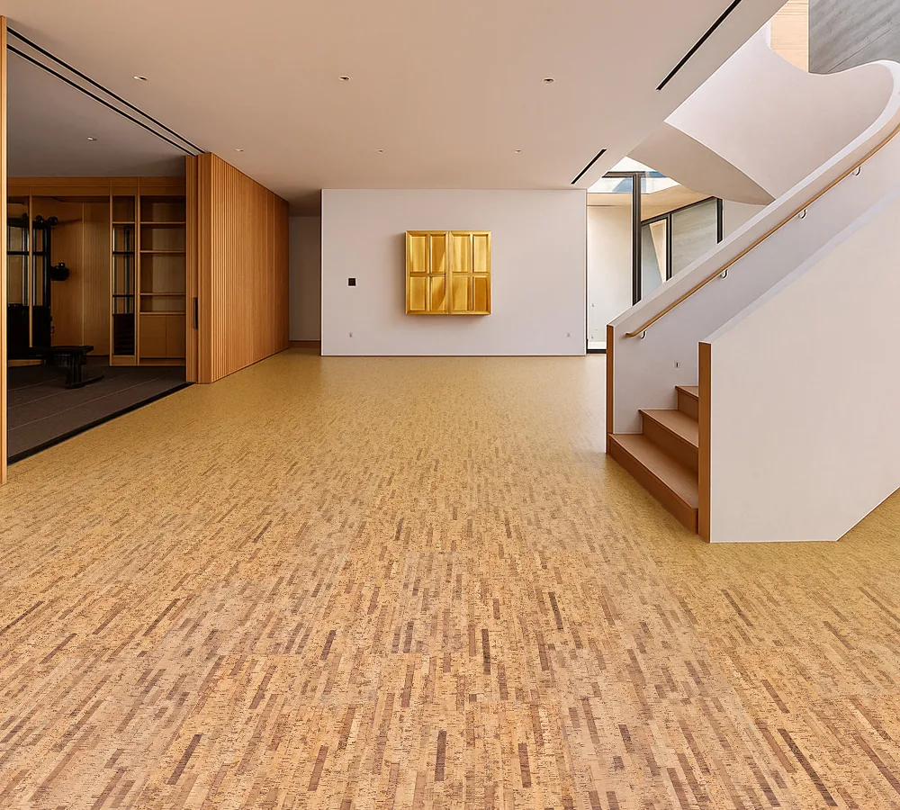 Linea Dark - 7/16" (11mm) - Swiss Real Cork Floating (FLin11) Spacious modern interior featuring Linea Dark Swiss cork flooring with a natural linear pattern and warm organic appearance.