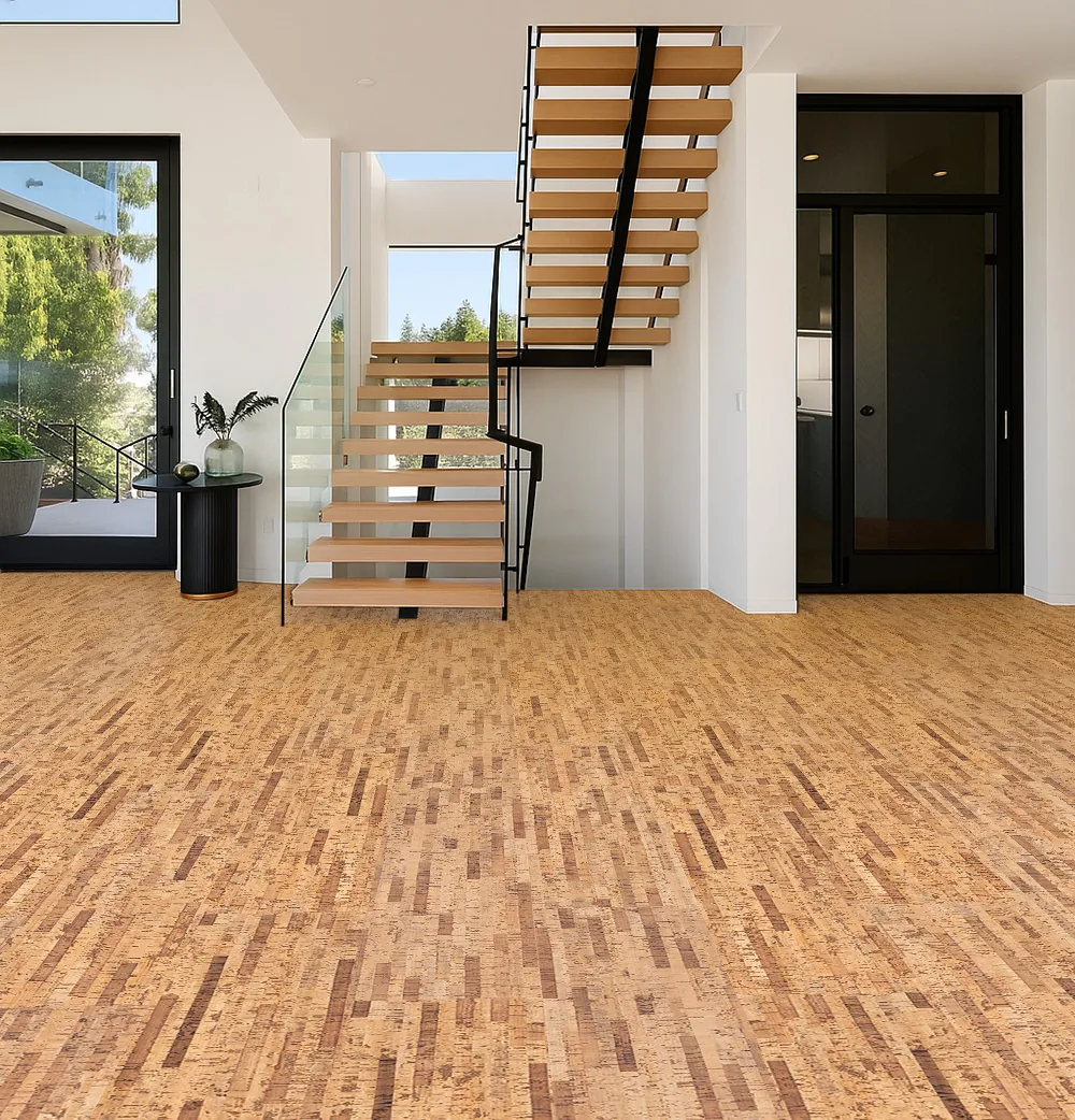 Linea Dark - 7/16" (11mm) - Swiss Real Cork Floating (FLin11) Contemporary entryway with floating staircase installed over Linea Dark Swiss cork flooring for a clean modern aesthetic.