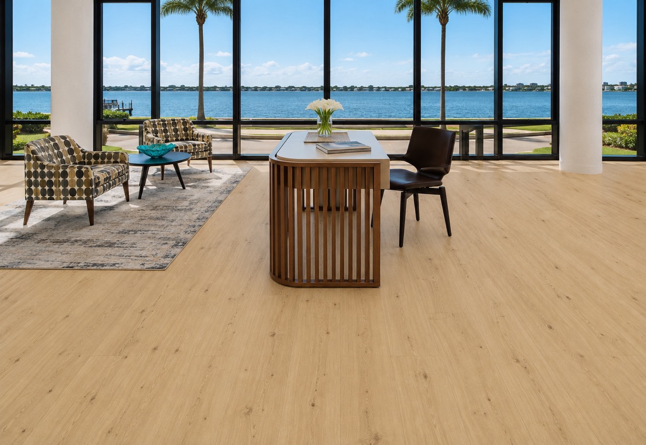 Long Beach - 7/16" (11mm) - Swiss Design Floating (FLB11) Natural light oak Long Beach Swiss Design cork flooring enhances a contemporary sitting area with designer chairs, dining space, and expansive glass doors.