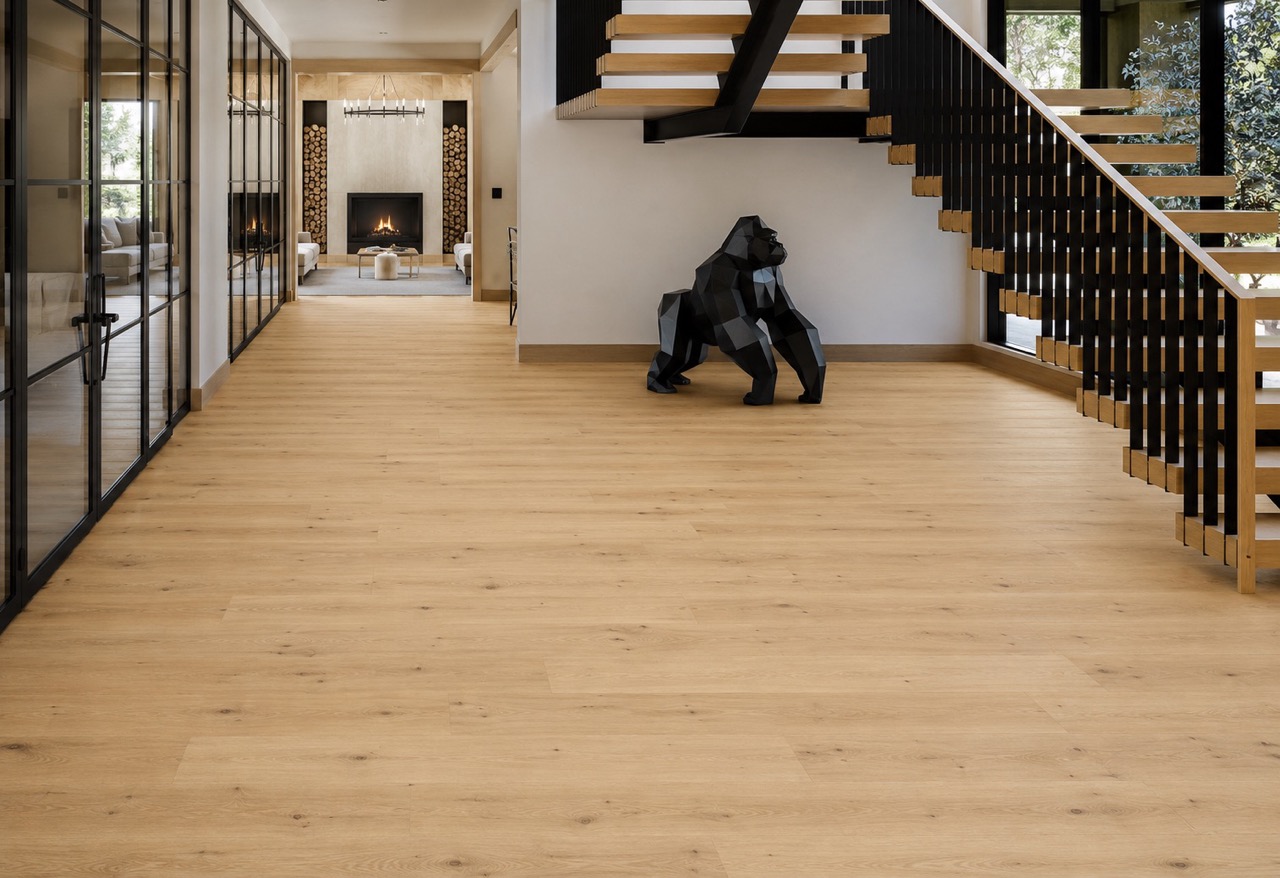 Long Beach - 7/16" (11mm) - Swiss Design Floating (FLB11) Light oak Long Beach Swiss Design cork floating flooring installed in a modern entryway with floating staircase, black steel accents, and open-concept luxury interior.