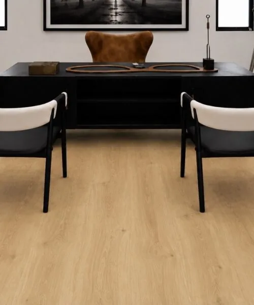 Modern executive office featuring Long Beach Swiss Design cork flooring with realistic light oak grain, contemporary black desk, and designer guest seating.