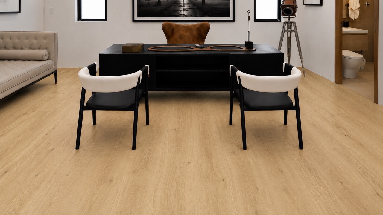 Long Beach - 7/16" (11mm) - Swiss Design Floating (FLB11) Modern executive office featuring Long Beach Swiss Design cork flooring with realistic light oak grain, contemporary black desk, and designer guest seating.
