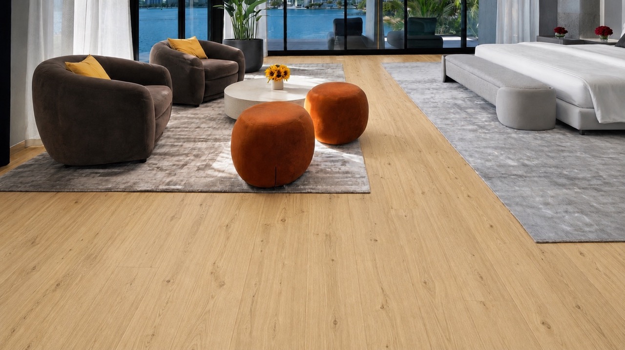Long Beach - 7/16" (11mm) - Swiss Design Floating (FLB11) Bright waterfront master bedroom featuring Long Beach Swiss Design cork floating flooring with realistic light oak wood appearance and floor-to-ceiling windows.