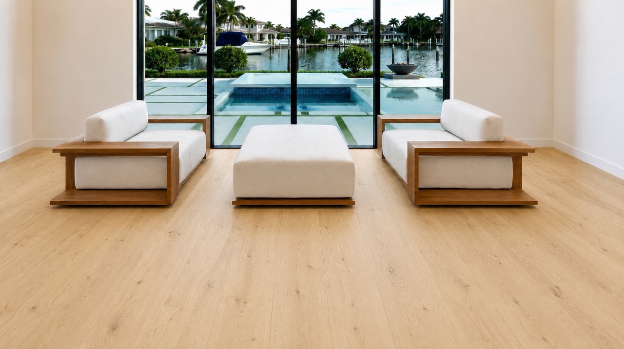 Long Beach - 7/16" (11mm) - Swiss Design Floating (FLB11) Long Beach Swiss Design cork floating flooring creates a bright, elegant foundation for a luxury living room overlooking a modern pool and waterfront landscape.