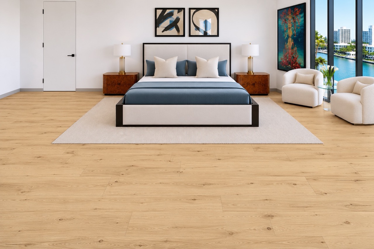 Long Beach - 7/16" (11mm) - Swiss Design Floating (FLB11) Long Beach Swiss Design 11mm cork floating floor adds warmth to a contemporary master bedroom featuring an upholstered bed, modern artwork, and elegant décor.