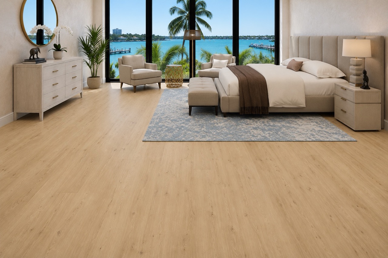 Long Beach - 7/16" (11mm) - Swiss Design Floating (FLB11) Luxury bedroom with Long Beach Swiss Design cork floating flooring, soft neutral décor, plush area rugs, and contemporary furnishings overlooking the waterfront.