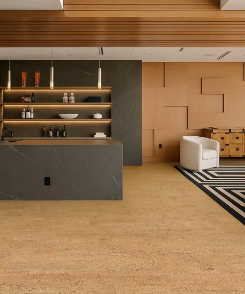 Open concept living area with Rhythm Swiss cork flooring.