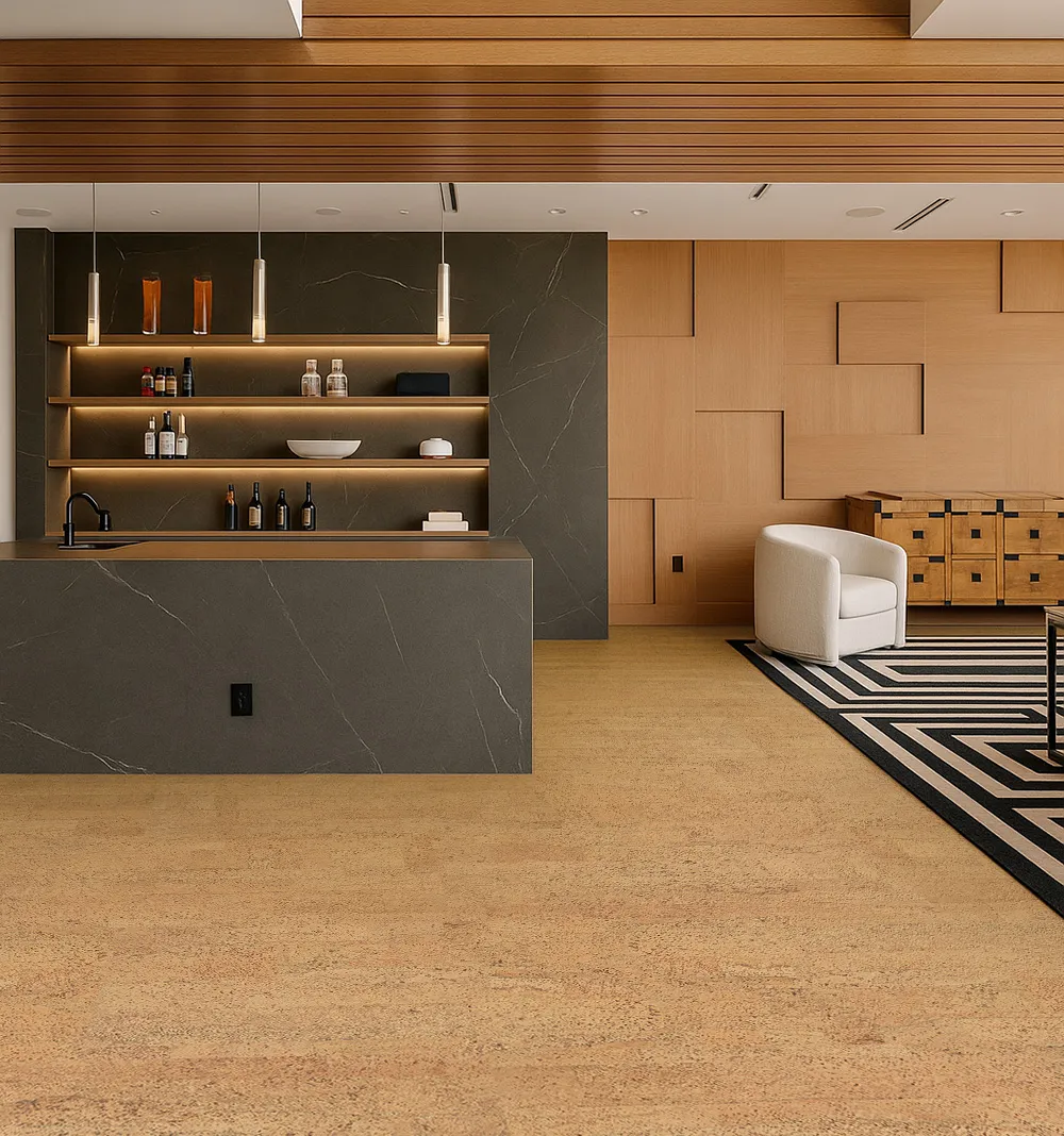 Open concept living area with Rhythm Swiss cork flooring.