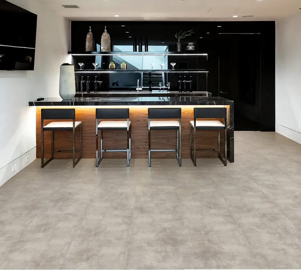 Copperstone Gray - 3/8" (9.5mm) - Swiss Real Linoleum Hydrowood Core Waterproof Floating Flooring (NCopG9.5) Luxury minimalist kitchen featuring Copperstone Gray waterproof linoleum basement flooring for a seamless look.