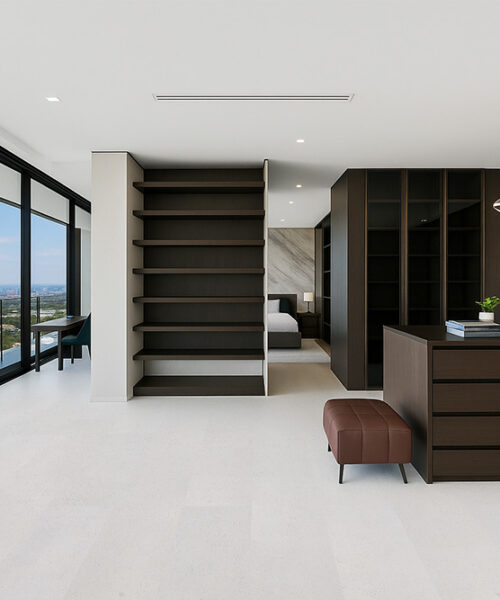 Master bedroom with dark furniture and elegant white leather cork flooring.