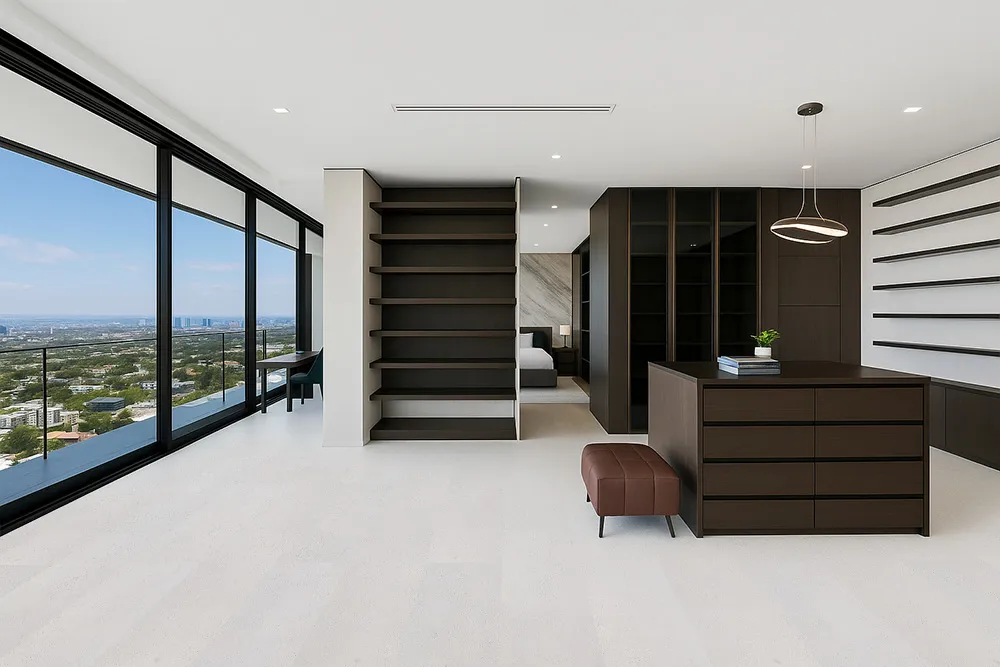 Master bedroom with dark furniture and elegant white leather cork flooring.
