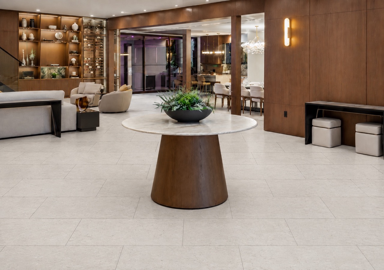 Matera Blend -19/64" (7.5mm) - Swiss Techslate (MMatBd7.5) Matera Blend Swiss TechSlate flooring in light limestone shows subtle mineral speckling and 18-by-36-inch planks in a furnished living-dining room.