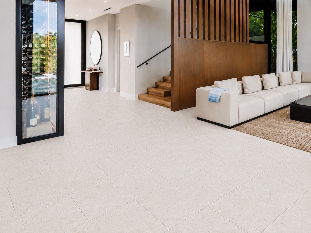 Matera Blend -19/64" (7.5mm) - Swiss Techslate (MMatBd7.5) Light limestone Matera Blend click-lock flooring spans a contemporary entryway and living room in rectangular stone-look planks beside a wine display.