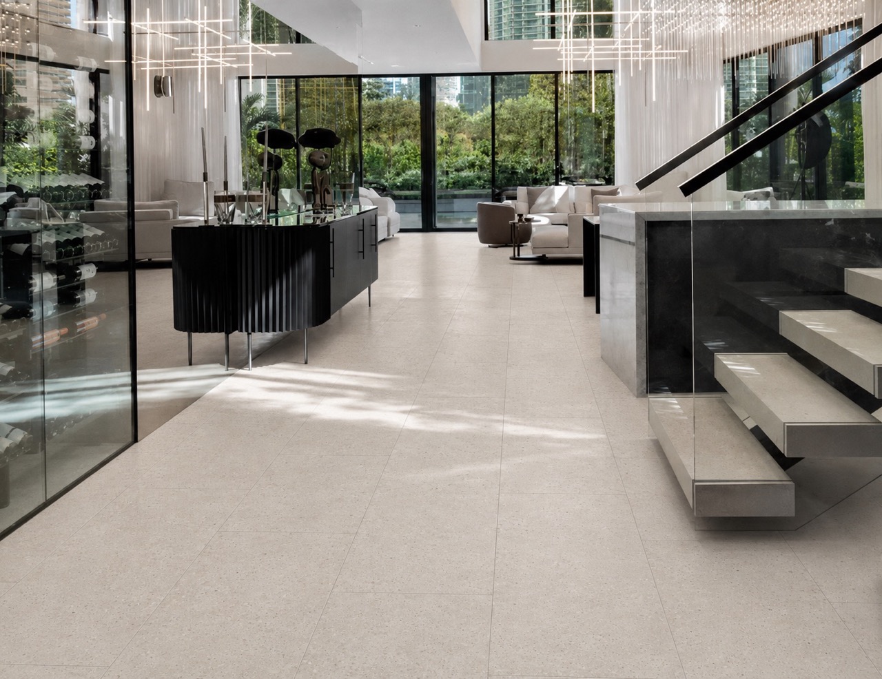 Matera Blend -19/64" (7.5mm) - Swiss Techslate (MMatBd7.5) Matera Blend slate-look flooring in light limestone runs through a living area with wine display, lounge seating, and stairs.
