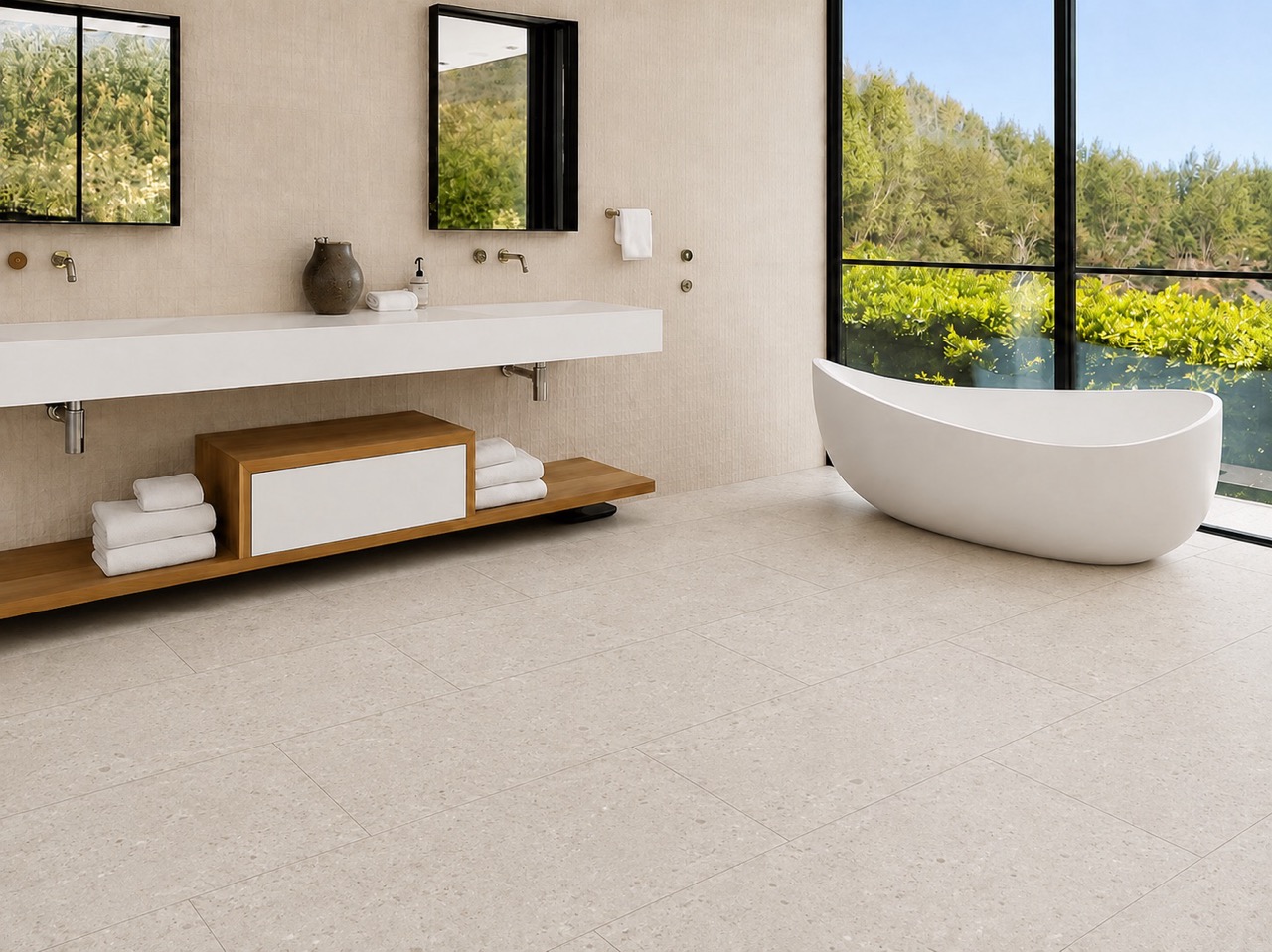 Matera Blend -19/64" (7.5mm) - Swiss Techslate (MMatBd7.5) Matera Blend waterproof floating flooring in light limestone shows mineral variation across rectangular planks beside a freestanding bathroom tub.
