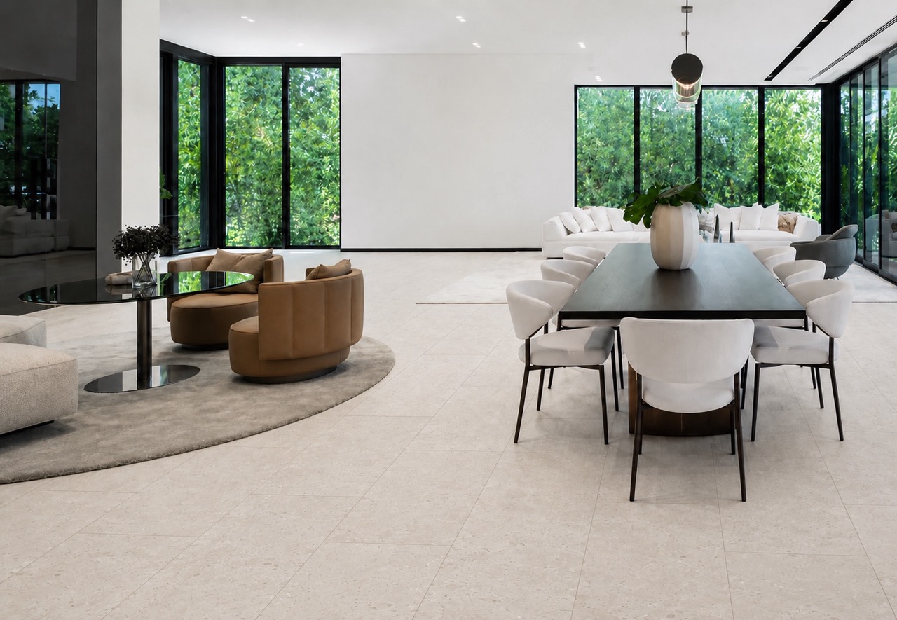 Matera Blend -19/64" (7.5mm) - Swiss Techslate (MMatBd7.5) Matera Blend Swiss TechSlate flooring shows light limestone mineral speckling across a dining room with a long table and lounge chairs.