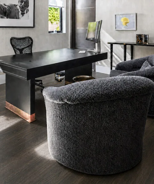 Mocha - 7/16" (11mm) - Swiss Design Cork Floating (FMoc11) Contemporary home office featuring dark brown Mocha cork flooring and upholstered chairs.