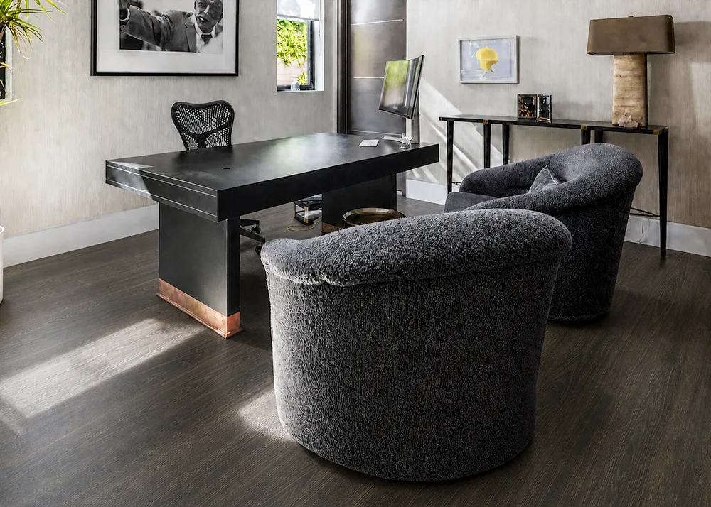 Mocha - 7/16" (11mm) - Swiss Design Cork Floating (FMoc11) Contemporary home office featuring dark brown Mocha cork flooring and upholstered chairs.
