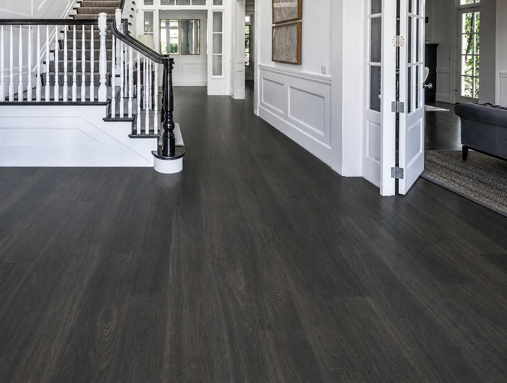 Mocha - 7/16" (11mm) - Swiss Design Cork Floating (FMoc11) Contemporary interior hallway with Mocha dark brown wood-grain floating cork planks.
