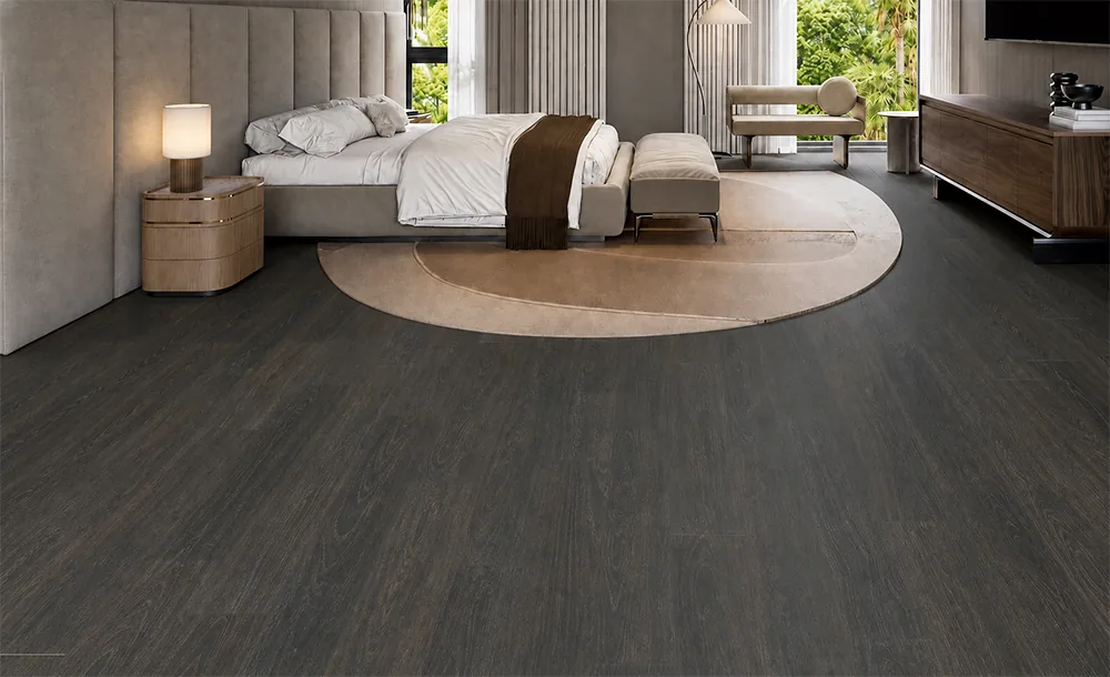 Mocha - 7/16" (11mm) - Swiss Design Cork Floating (FMoc11) Luxury neutral bedroom featuring Mocha wood-look cork flooring and a curved beige rug.
