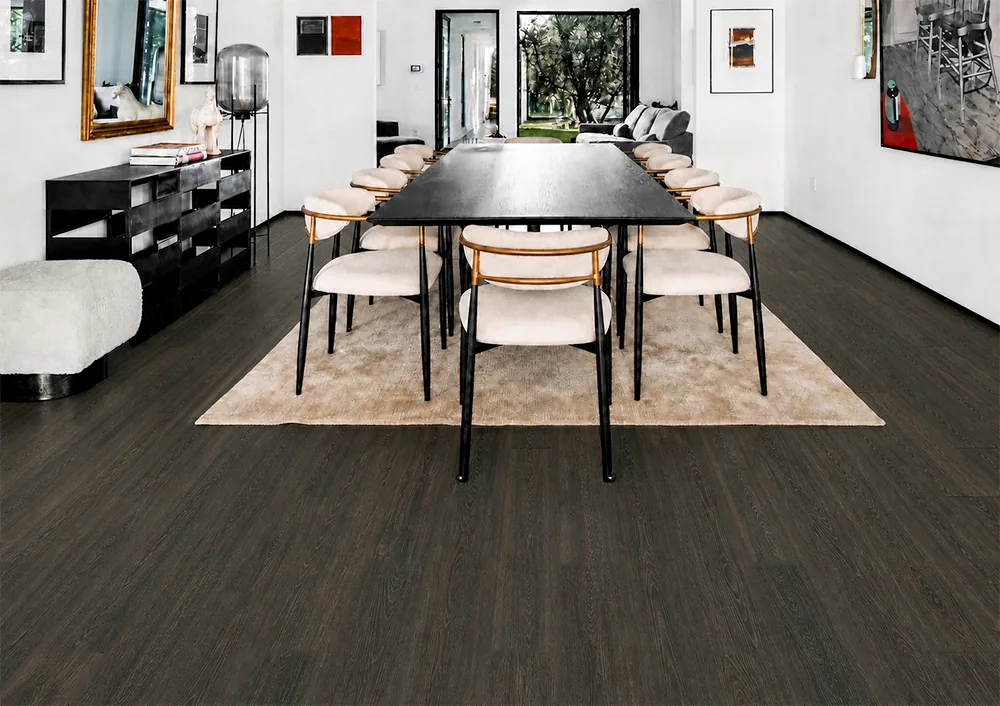 Mocha - 7/16" (11mm) - Swiss Design Cork Floating (FMoc11) Spacious modern dining room with Mocha wood-grain cork flooring and a black dining table.