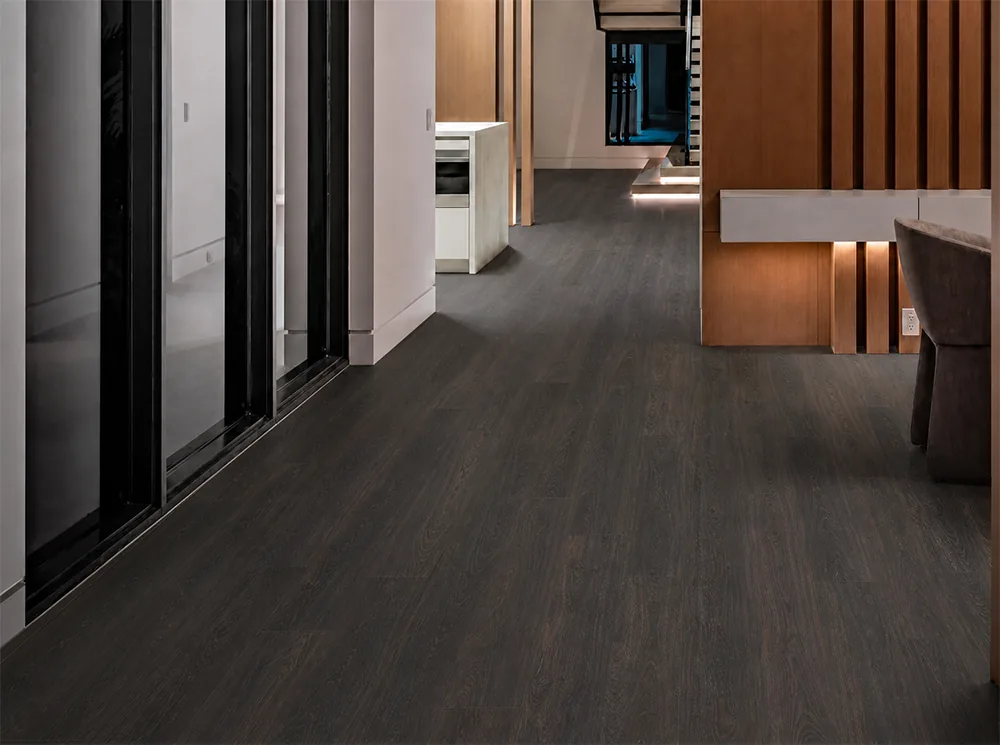 Mocha - 7/16" (11mm) - Swiss Design Cork Floating (FMoc11) Contemporary interior hallway with Mocha dark brown wood-grain floating cork planks.