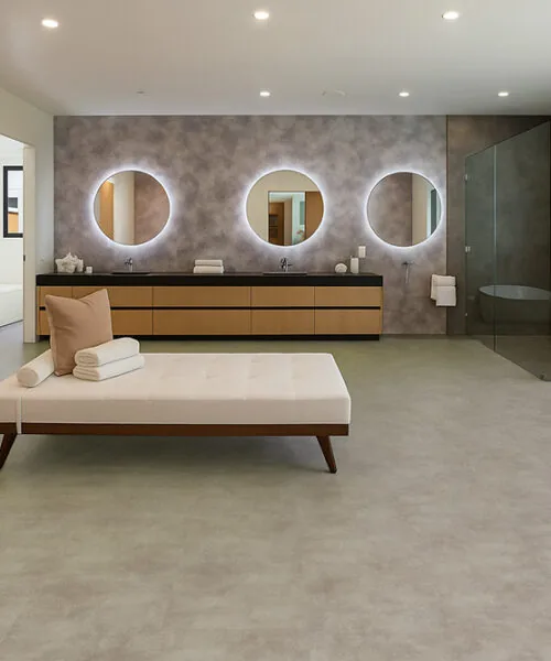 Copperstone Gray - 3/8" (9.5mm) - Forna Natural Composite Flooring with Waterproof Hydrowood Core (NCopG9.5) Spa inspired bathroom with waterproof Copperstone Gray Forna Natural Composite flooring and modern décor.