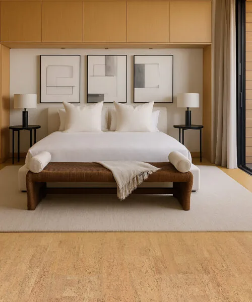 Rhythm Swiss cork flooring in modern bedroom interior.