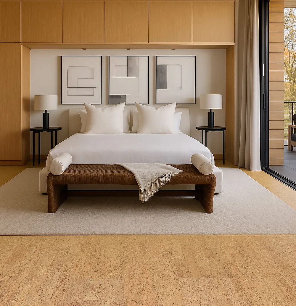 Rhythm Swiss cork flooring in modern bedroom interior.
