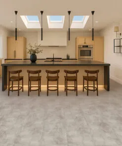 Copperstone Gray - 3/8" (9.5mm) - Swiss Real Linoleum Hydrowood Core Waterproof Floating Flooring (NCopG9.5) right kitchen design with Copperstone Gray Swiss Linoleum waterproof floor – warm, stylish, and easy to clean