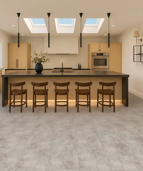 Copperstone Gray - 3/8" (9.5mm) - Forna Natural Composite Flooring with Waterproof Hydrowood Core (NCopG9.5) Right kitchen design with Copperstone Gray Forna Natural Composite waterproof floor – warm, stylish, and easy to clean