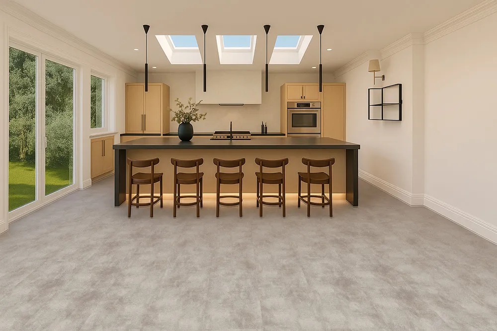 Copperstone Gray - 3/8" (9.5mm) - Swiss Real Linoleum Hydrowood Core Waterproof Floating Flooring (NCopG9.5) right kitchen design with Copperstone Gray Swiss Linoleum waterproof floor – warm, stylish, and easy to clean