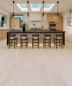 Vertical - 7/16" (11mm) - Swiss Real Cork Floating (FVtc11) Luxury kitchen design featuring Vertical Swiss cork flooring, bright natural light, and minimalist cabinetry for a modern eco-friendly home interior.