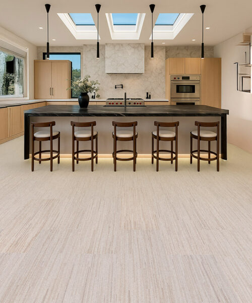 Vertical - 7/16" (11mm) - Swiss Real Cork Floating (FVtc11) Luxury kitchen design featuring Vertical Swiss cork flooring, bright natural light, and minimalist cabinetry for a modern eco-friendly home interior.