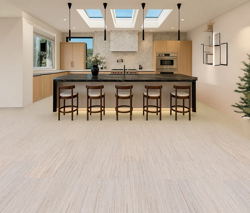 Vertical - 7/16" (11mm) - Swiss Real Cork Floating (FVtc11) Luxury kitchen design featuring Vertical Swiss cork flooring, bright natural light, and minimalist cabinetry for a modern eco-friendly home interior.