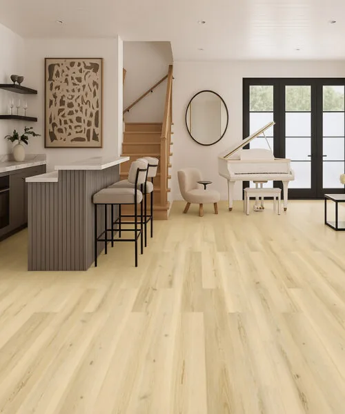 Pinewood 7/16_ (11mm) Swiss Design Cork Floating (FPinwo11) Modern living room featuring Alpine Pinewood Swiss Design cork flooring with bright natural tones and elegant contemporary decor.