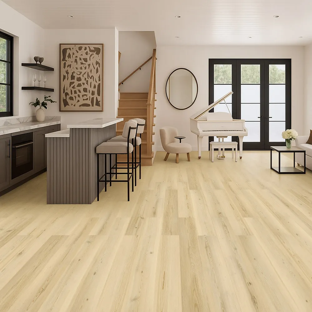 Pinewood 7/16_ (11mm) Swiss Design Cork Floating (FPinwo11) Modern living room featuring Alpine Pinewood Swiss Design cork flooring with bright natural tones and elegant contemporary decor.