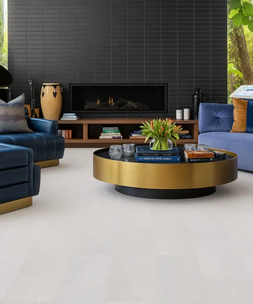 White Leather - 1/2" (12mm) - Cork Floating (FWL12) White leather cork flooring in modern living room with fireplace and navy chairs.