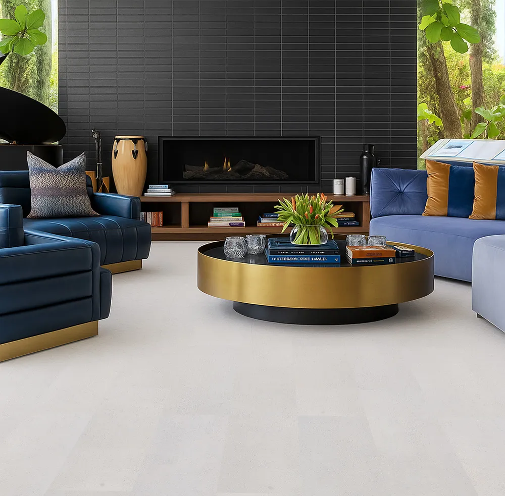 White leather cork flooring in modern living room with fireplace and navy chairs.