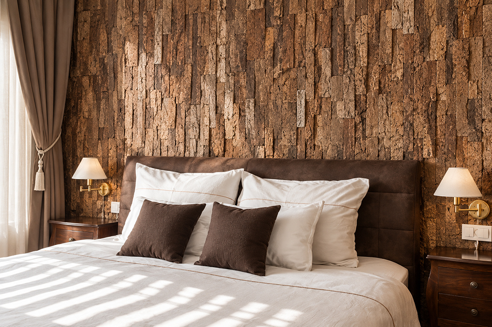 Stacked Stone - 55/64" (22mm) - Acoustic Cork Wall Tile (WSkSt22) Textured 3D cork wall panels in earthy brown tones create a warm bedroom feature wall behind a leather headboard.