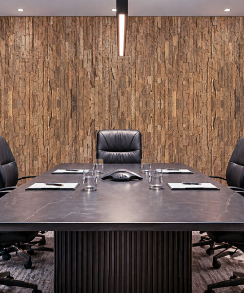 Stacked Stone - 55/64" (22mm) - Acoustic Cork Wall Tile (WSkSt22) Sustainable Stacked Stone 22mm cork wall tiles with irregular vertical textures accent a modern executive meeting room.