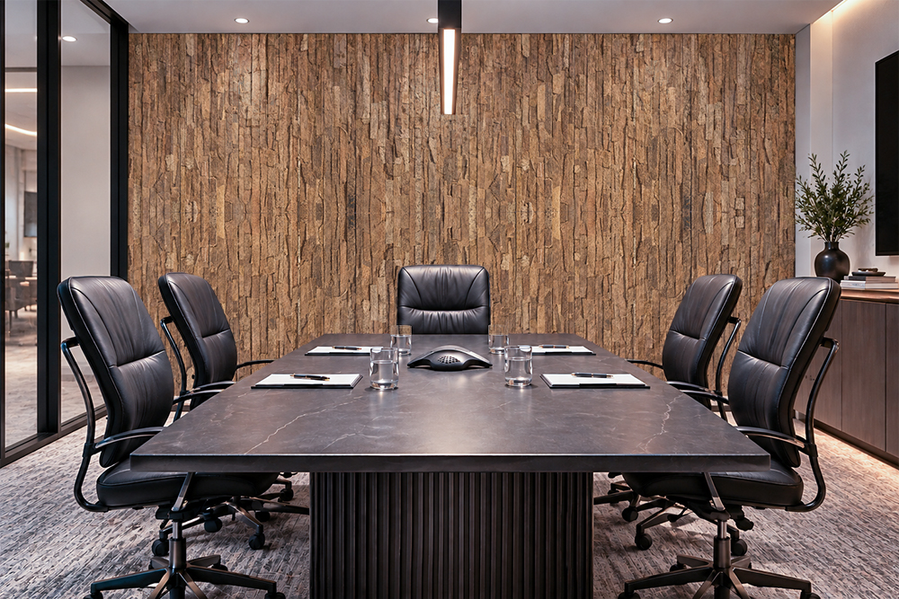 Stacked Stone - 55/64" (22mm) - Acoustic Cork Wall Tile (WSkSt22) Sustainable Stacked Stone 22mm cork wall tiles with irregular vertical textures accent a modern executive meeting room.