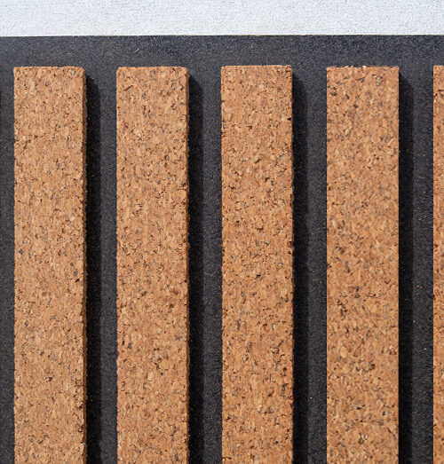 Slat Dark Natural 3D Acoustic Cork Wall Panel with natural cork slats and black acoustic backing